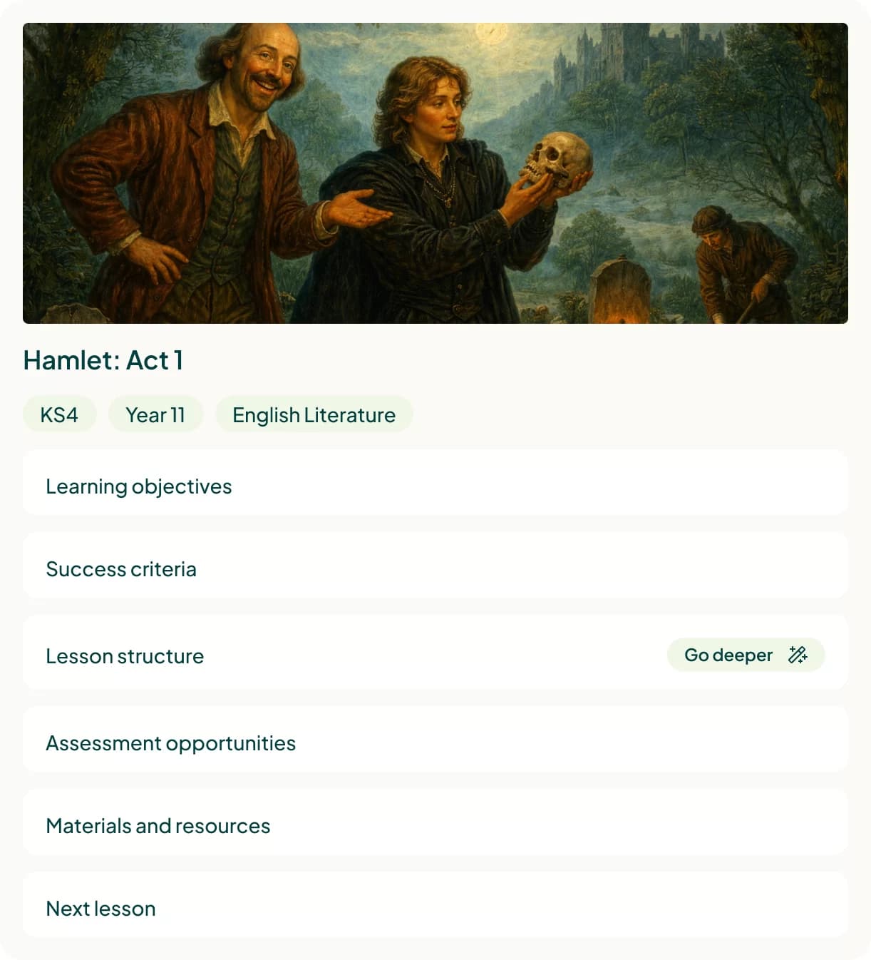 A lesson plan card: Hamlet Act 1 for Year 11 English literature, with a Go deeper button on the lesson structure